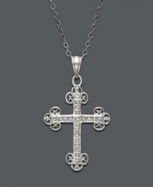 No ordinary way to express your faith, this exquisite style features intricate scrolls of sterling silver that shine with the addition of sparkling diamond accents. Approximate length: 18 inches. Approximate drop: 2-1/4 inches. No ordinary way to express your faith, this exquisite style features intricate scrolls of sterling silver that shine with the addition of sparkling diamond accents. Approximate length: 18 inches. Approximate drop: 2-1/4 inches.