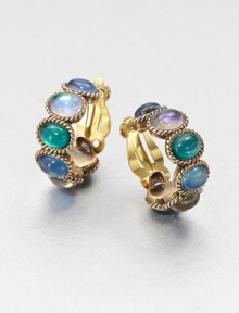 Gorgeous cabochons of green and blue agate set in a bronze hoop inspired by the designer's love of nature's bounty. Green and blue agateBronzeLength, about .75Clip-on backMade in USA Gorgeous cabochons of green and blue agate set in a bronze hoop inspired by the designer's love of nature's bounty. Green and blue agateBronzeLength, about .75Clip-on backMade in USA