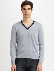 Sharp, contrast collar trim accents this smooth, fine-knit cotton pullover.V-neckRibbed cuffs and hemCottonMachine washImported Sharp, contrast collar trim accents this smooth, fine-knit cotton pullover.V-neckRibbed cuffs and hemCottonMachine washImported