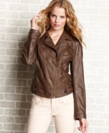 Slip into American Rag's faux-leather moto jacket for a hot look that rules school. A variegated brown hue creates a perfectly worn-in look, while the asymmetrical front zip and stitch design add modern, ultra-cool touches.