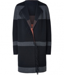 Finish your casual look on an exquisitely luxe note with Akris black-multi reversible cashmere cardigan, detailed with fringe trim and a contrast striped reverse for an ultra chic, contemporary finish - Rounded neckline, long sleeves, slit cuffs, front patch pockets - Long fitted cut - Pair with immaculately tailored separates Finish your casual look on an exquisitely luxe note with Akris black-multi reversible cashmere cardigan, detailed with fringe trim and a contrast striped reverse for an ultra chic, contemporary finish - Rounded neckline, long sleeves, slit cuffs, front patch pockets - Long fitted cut - Pair with immaculately tailored separates