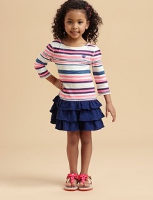 She'll look sweet and stylish in a soft knit with brilliant stripes and tiers of pretty ruffles.Round necklineLong sleevesBack keyhole buttonFull skirtRuffled hemCottonMachine washImported She'll look sweet and stylish in a soft knit with brilliant stripes and tiers of pretty ruffles.Round necklineLong sleevesBack keyhole buttonFull skirtRuffled hemCottonMachine washImported