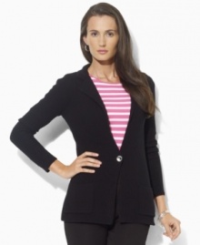 Inspired by the blazer silhouette, this Lauren by Ralph Lauren blazer is rendered in soft knit cotton and finished in with a notched lapel and single button closure. Inspired by the blazer silhouette, this Lauren by Ralph Lauren blazer is rendered in soft knit cotton and finished in with a notched lapel and single button closure.