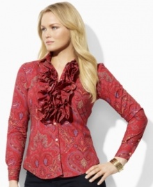 A cascade of romantic ruffles adds a decidedly feminine look to the structured silhouette of Lauren by Ralph Lauren's chic plus size blouse in crisp cotton broadcloth. A cascade of romantic ruffles adds a decidedly feminine look to the structured silhouette of Lauren by Ralph Lauren's chic plus size blouse in crisp cotton broadcloth.
