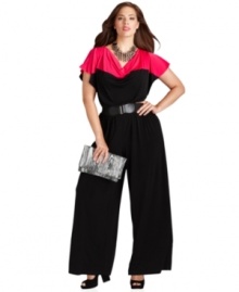 Looking on-trend is a cinch with AGB's short sleeve plus size jumpsuit, featuring a colorblocked pattern and belted waist.