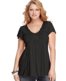 Soprano gives the plus size tee a sweet makeover, featuring flutter sleeves, beading and lace.