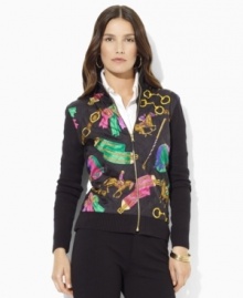 Lauren Ralph Lauren's classic jersey-knit mockneck cardigan in soft combed cotton receives a dramatic makeover with bold quilted silk paneling along the front.