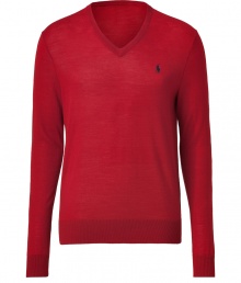 Radiant in red merino wool, Ralph Laurens V-neck pullover is a great basic for this season and next - Embroidered logo, V-neckline, long sleeves, fine ribbed trim - Contemporary slim fit - Wear over shirts or tees with jeans, cords or chinos Radiant in red merino wool, Ralph Laurens V-neck pullover is a great basic for this season and next - Embroidered logo, V-neckline, long sleeves, fine ribbed trim - Contemporary slim fit - Wear over shirts or tees with jeans, cords or chinos