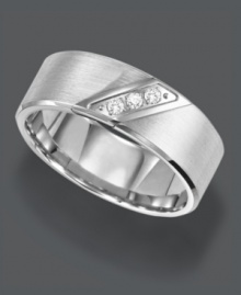 Stately design with just a hint of shine. Triton men's ring features a satin finish, white tungsten carbide band decorated with a three stone diamond design (1/10 ct. t.w.). Sizes 8-15. Stately design with just a hint of shine. Triton men's ring features a satin finish, white tungsten carbide band decorated with a three stone diamond design (1/10 ct. t.w.). Sizes 8-15.