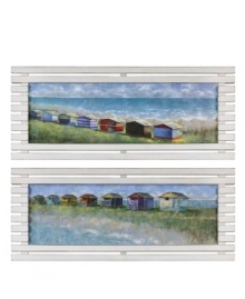 Fitting for a seaside cottage, these Northeast oil reproductions feature colorful homes with a hand-applied brushstroke finish. Distressed whitewash frames complete the enormous pair with quintessential beach style. Fitting for a seaside cottage, these Northeast oil reproductions feature colorful homes with a hand-applied brushstroke finish. Distressed whitewash frames complete the enormous pair with quintessential beach style.