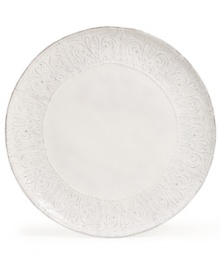 Get a feel for French style with the delicately embossed Blanc Colette dinner plate from Versailles Maison. Romantic scrolling vines encircle rustic earthenware with a simple white glaze and irresistible charm. Get a feel for French style with the delicately embossed Blanc Colette dinner plate from Versailles Maison. Romantic scrolling vines encircle rustic earthenware with a simple white glaze and irresistible charm.
