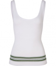 Better than your basic tank, this cotton top features stylish contrasting stripes and a slim fit- Tank style with a scoop neck and green stripes at bottom - Pair with skinny jeans, a boyfriend blazer, and embellished ballet flats Better than your basic tank, this cotton top features stylish contrasting stripes and a slim fit- Tank style with a scoop neck and green stripes at bottom - Pair with skinny jeans, a boyfriend blazer, and embellished ballet flats