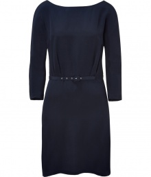 Elegant dress in fine, pure midnight blue silk - Super-soft, lightweight material has a matte sheen and drapes beautifully - Straight, streamlined silhouette with wide, round neck and on-trend, 3/4 sleeves - Delicate back dip and decorative button closure - Skinny belt cinches the waist - Slim skirt hits above the knee - Polished, versatile and undeniably chic, ideal for day or evening - Pair with open toe pumps or wedge sandals and a colorful clutch or shoulder bag