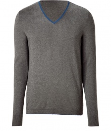 Polished, streamlined staples anchor any wardrobe, and Hugos medium grey pullover is a great go-to this season - Crafted from a lighter-weight, pure virgin wool - Classically slim, straight cut - Long, fitted sleeves and v-neck with decorative blue trim - Versatile and elegant, the perfect compliment to chinos, jeans or dress trousers