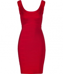 Strike a sultry pose in this perennial favorite cocktail-ready dress from Herv? L?ger - Scoop neck, sleeveless, bandage style with figure-hugging multi-panels, concealed back zip closure - Extra form-fitting - Style with metallic platform pumps and a statement clutch