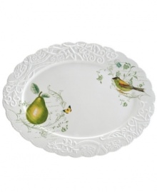 Ripe for the table, the Antique Countryside Pear oval platter exudes charm with embossed vines and colorful nature scenes in traditional white stoneware. Complements Italian Countryside and Antique White dinnerware, also by Mikasa. Ripe for the table, the Antique Countryside Pear oval platter exudes charm with embossed vines and colorful nature scenes in traditional white stoneware. Complements Italian Countryside and Antique White dinnerware, also by Mikasa.