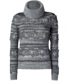 Stylish pullover in fine grey wool alpaca blend - Elegant, au courant crochet lace detail and contrast horizontal stripes - Oversize ribbed turtleneck - Long sleeves, ultra-slim fit, hits at waist - A fun and chic cold weather must - Pair with wide-leg denim, wool trousers and maxi skirts