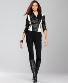 Colorblocking adds a fresh perspective to INC's motorcycle-inspired jacket. Faux leather and knit fabric create a fashionable mix. Colorblocking adds a fresh perspective to INC's motorcycle-inspired jacket. Faux leather and knit fabric create a fashionable mix.