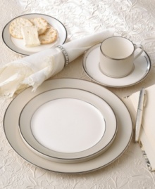 Radiant, matte silver bands are illuminated by platinum framing and add luster and elegance to any meal. The Solstice place settings collection is dazzling when used as a set but also mixes well with a variety of other dinnerware. 5-piece place setting includes 1 dinner plate, 1 salad plate, 1 bread and butter plate, 1 teacup and 1 saucer. Radiant, matte silver bands are illuminated by platinum framing and add luster and elegance to any meal. The Solstice place settings collection is dazzling when used as a set but also mixes well with a variety of other dinnerware. 5-piece place setting includes 1 dinner plate, 1 salad plate, 1 bread and butter plate, 1 teacup and 1 saucer.