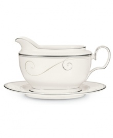Fluid platinum scrolls glide freely throughout this beautiful fine china gravy boat from Noritake. Easy to match with any decor, the fresh and elegant Platinum Wave collection of dinnerware and dishes is a timeless look for fine dining or luxurious everyday meals. Fluid platinum scrolls glide freely throughout this beautiful fine china gravy boat from Noritake. Easy to match with any decor, the fresh and elegant Platinum Wave collection of dinnerware and dishes is a timeless look for fine dining or luxurious everyday meals.