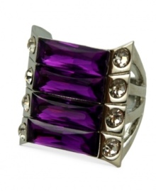 Capture the mood with this amethyst-hued ring from GUESS. Baguette-cut glass crystals are surrounded by clear pave accents for alluring style. Crafted in hematite tone mixed metal. Size 8. Capture the mood with this amethyst-hued ring from GUESS. Baguette-cut glass crystals are surrounded by clear pave accents for alluring style. Crafted in hematite tone mixed metal. Size 8.