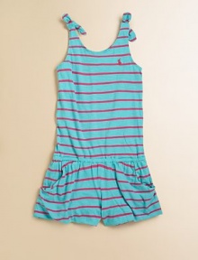 An adorable striped jersey romper is adorned with a signature pony embroidery and constructed with sweet bubble shorts.ScoopneckShoulder straps with tie detailElastic waistSide scoop pocketsBubble hemCottonMachine washImported An adorable striped jersey romper is adorned with a signature pony embroidery and constructed with sweet bubble shorts.ScoopneckShoulder straps with tie detailElastic waistSide scoop pocketsBubble hemCottonMachine washImported