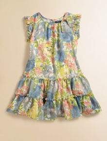 A flurry of ruffles on floral-print chiffon defines an adorable season-spanning dress.Crewneck with bow detailRuffled, cap sleevesBack button-and-loop closureDrop-waist with ruffled trimFully linedPolyesterMachine washImported A flurry of ruffles on floral-print chiffon defines an adorable season-spanning dress.Crewneck with bow detailRuffled, cap sleevesBack button-and-loop closureDrop-waist with ruffled trimFully linedPolyesterMachine washImported