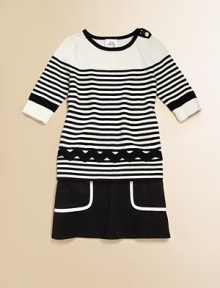 With cute stripes and a playful zig-zag accent, this trendy top is a cozy-chic favorite.Scoop neck with snap closureLong sleevesRic-rac detail at waist72% viscose/28% polyesterDry cleanImported With cute stripes and a playful zig-zag accent, this trendy top is a cozy-chic favorite.Scoop neck with snap closureLong sleevesRic-rac detail at waist72% viscose/28% polyesterDry cleanImported