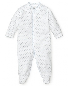 A blue polka dot footie with a snap front and contrast scalloped edge trim. A blue polka dot footie with a snap front and contrast scalloped edge trim.