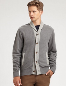 This shawl collar cardigan with contrasting trim exudes effortless cool, shaped in comfortable cotton for long lasting style and comfort.Button-frontShawl collarRibbed knit cuffs and hemSide slash pocketsCottonDry cleanImported