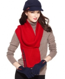 Layer on some all-American style with this colorful, knit scarf from Tommy Hilfiger. Features accent buttons and logo stripe detailing, for a look that's positively preppy. Layer on some all-American style with this colorful, knit scarf from Tommy Hilfiger. Features accent buttons and logo stripe detailing, for a look that's positively preppy.