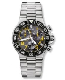 Carve your own path. This chronograph watch by Victorinox Swiss Army features a stainless steel bracelet and round case. Unidirectional rotating bezel. Black dial with yellow numerals, logo, date window and three subdials. Swiss made. Swiss movement. Water resistant to 100 meters. Three-year limited warranty.