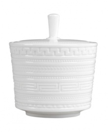 Full of history, the Intaglio sugar bowl from Wedgwood features modern bone china embossed with geometric motifs from the Georgian era. With a patterned lid to match. Full of history, the Intaglio sugar bowl from Wedgwood features modern bone china embossed with geometric motifs from the Georgian era. With a patterned lid to match.