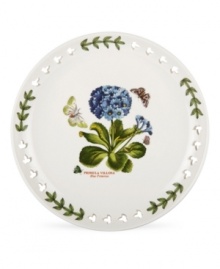 Plant this pierced accent plate alongside other classic pieces from Portmeirion's Botanic Garden dinnerware collection for added charm. Lifelike primrose flowers bloom and entice colorful butterflies on white porcelain with a triple-leaf border. Plant this pierced accent plate alongside other classic pieces from Portmeirion's Botanic Garden dinnerware collection for added charm. Lifelike primrose flowers bloom and entice colorful butterflies on white porcelain with a triple-leaf border.