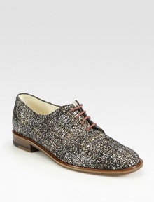 Oxford-inspired leather silhouette in a crackled goldtone print for modern appeal. Leather upperLeather lining and solePadded insoleMade in FranceOUR FIT MODEL RECOMMENDS ordering true size. Oxford-inspired leather silhouette in a crackled goldtone print for modern appeal. Leather upperLeather lining and solePadded insoleMade in FranceOUR FIT MODEL RECOMMENDS ordering true size.