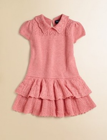 Crafted from luxuriously soft cashmere, this adorable sweater dress features gently puffed sleeves and delicately knit pointelle details for a beautiful finish.Pointed pointelle collarShort puffed sleevesBack keyhole buttonDrop-waist silhouetteRuffled hemCashmereDry cleanImported Please note: Number of buttons may vary depending on size ordered. Crafted from luxuriously soft cashmere, this adorable sweater dress features gently puffed sleeves and delicately knit pointelle details for a beautiful finish.Pointed pointelle collarShort puffed sleevesBack keyhole buttonDrop-waist silhouetteRuffled hemCashmereDry cleanImported Please note: Number of buttons may vary depending on size ordered.