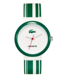 Strikingly simple, the Goa watch features iconic Lacoste colors. Green and white striped silicone strap and round white plastic case with green bezel. White enamel dial features text logo, iconic green crocodile logo and red second hand. Quartz movement. Water resistant to 30 meters. Two-year limited warranty. Strikingly simple, the Goa watch features iconic Lacoste colors. Green and white striped silicone strap and round white plastic case with green bezel. White enamel dial features text logo, iconic green crocodile logo and red second hand. Quartz movement. Water resistant to 30 meters. Two-year limited warranty.