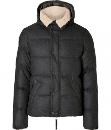 Stay warm while maintaining your urbane style in this luxe wool-cashmere jacket from Duvetica - Removable shearling collar, hooded, snapped panel conceals front two-way zip closure, long sleeves, black leather trim and back yolk, snapped pockets, quilted - Modern straight fit - Wear with knit pullovers, jeans and weather boots Stay warm while maintaining your urbane style in this luxe wool-cashmere jacket from Duvetica - Removable shearling collar, hooded, snapped panel conceals front two-way zip closure, long sleeves, black leather trim and back yolk, snapped pockets, quilted - Modern straight fit - Wear with knit pullovers, jeans and weather boots