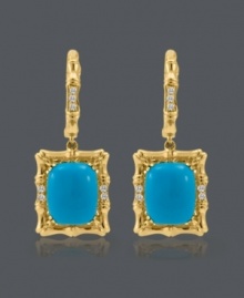 Frame your face with the perfect pop of color. Earrings from CARLO VIANI® feature smooth, turquoise stones (10 mm x 8 mm), sparkling white sapphire accents, and an intricate 14k gold setting. Approximate drop: 1-1/4 inches.