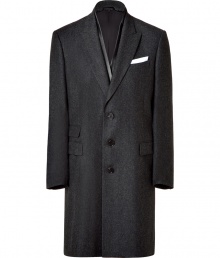 Luxurious charcoal wool coat with leather detailing - Stay warm and look stylish in this sophisticated coat - Edgy leather details and classic three-button front closure - Style with slim trousers, a cashmere pullover, and oxfords for urbane cool - Try with a modern cut suit and boots Luxurious charcoal wool coat with leather detailing - Stay warm and look stylish in this sophisticated coat - Edgy leather details and classic three-button front closure - Style with slim trousers, a cashmere pullover, and oxfords for urbane cool - Try with a modern cut suit and boots