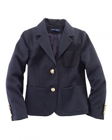 The timeless, polished blazer is tailored in a classic silhouette with gold-tone crest-embossed buttons. The timeless, polished blazer is tailored in a classic silhouette with gold-tone crest-embossed buttons.