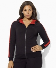 Lauren Ralph Lauren's ultra-soft cotton fleece track plus size jacket is finished with bold color-blocked details for athletic appeal.