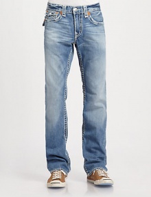 A classic straight-leg fit with traditional natural stitching in an aged wash for a worn-in look. Five-pocket styleZip flyStitched back flap pocketsInseam, about 34CottonMachine washMade in USA A classic straight-leg fit with traditional natural stitching in an aged wash for a worn-in look. Five-pocket styleZip flyStitched back flap pocketsInseam, about 34CottonMachine washMade in USA