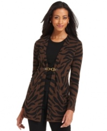 Charter Club's cardigan offers a chic buckle closure and a zebra pattern in neutral colors for a sophisticated look.