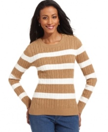 Instant classic: Charter Club's cable-knit sweater features horizontal stripes and buttons at the shoulder for an elevated take on casual style.