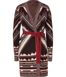 Wrap yourself up in trend-right style in this luxe tribal printed cardigan from Just Cavalli - V-neck, long sleeves, self-tie waist belt, all-over tribal-inspired print - Pair with a cashmere pullover, skinny corduroys, and lace up booties Wrap yourself up in trend-right style in this luxe tribal printed cardigan from Just Cavalli - V-neck, long sleeves, self-tie waist belt, all-over tribal-inspired print - Pair with a cashmere pullover, skinny corduroys, and lace up booties