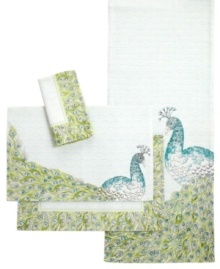 In fine feather, the Peacock table runner layers a subtle allover pattern, glorious plumes and teal birds. Loose-woven cotton offers a vintage look and easy-care durability for everyday use. A must with Edie Rose by Rachel Bilson dinnerware. In fine feather, the Peacock table runner layers a subtle allover pattern, glorious plumes and teal birds. Loose-woven cotton offers a vintage look and easy-care durability for everyday use. A must with Edie Rose by Rachel Bilson dinnerware.