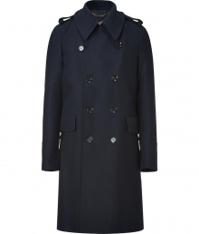 With razor sharp tailoring and ultra chic details, the classic coat gets a decidedly downtown update from Belstaff - Pointed collar with hook closure, long sleeves, double-breasted button front, epaulettes, flap pockets, buttoned back sash - Pairs stunningly with jeans and suits alike With razor sharp tailoring and ultra chic details, the classic coat gets a decidedly downtown update from Belstaff - Pointed collar with hook closure, long sleeves, double-breasted button front, epaulettes, flap pockets, buttoned back sash - Pairs stunningly with jeans and suits alike