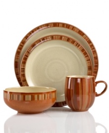 Fire up the casual table with Denby. Featuring gray-green and warm terra cotta hues, the Fire Stripes place setting offers fresh, earthy allure in stoneware that delivers meals safely from oven to table. Fire up the casual table with Denby. Featuring gray-green and warm terra cotta hues, the Fire Stripes place setting offers fresh, earthy allure in stoneware that delivers meals safely from oven to table.