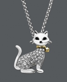 Meow! Add a little feline fashion to your look with this purr-fect style! Crafted in sterling silver with 14k gold accents, a sleek cat pendant sparkles with the addition of round-cut diamonds (1/8 ct. t.w.) and black diamond accents as eyes. Approximate length: 18 inches. Approximate drop: 3/4 inch.